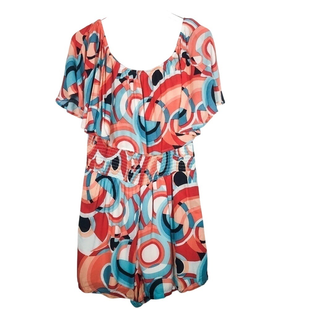 Kaari Blue Concentric Coral and Blue Romper